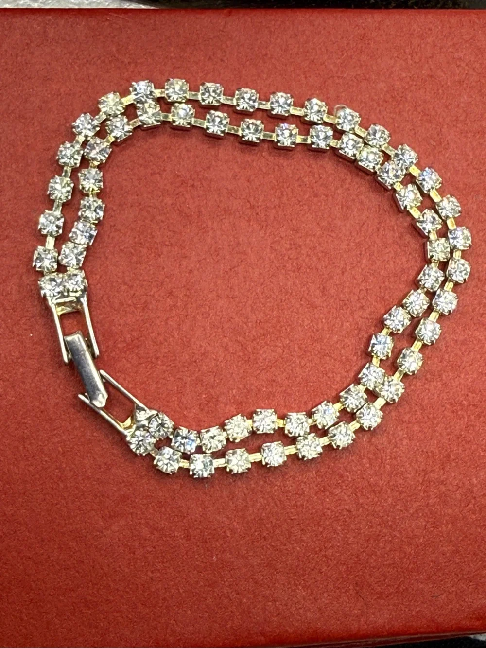 Vintage Gold-Tone Clear Crystal Double Row Tennis Bracelet prong set station
